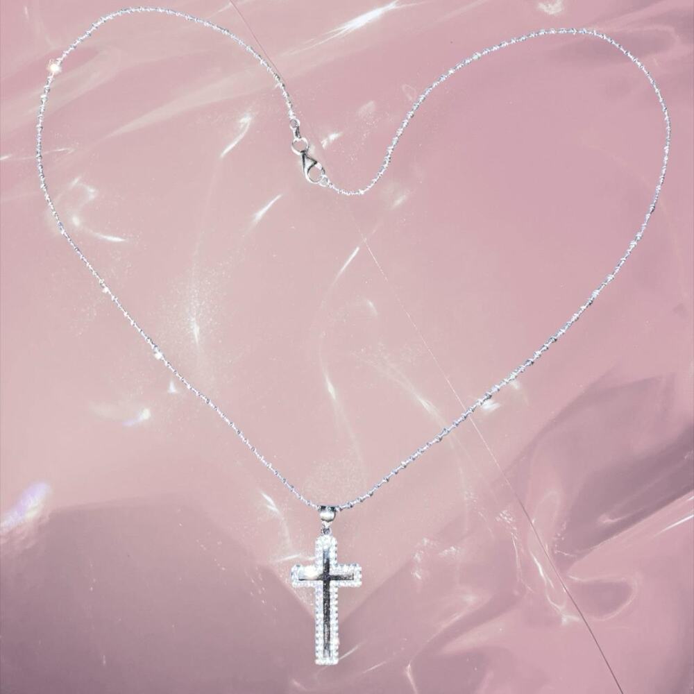 Y2K 925 Sterling Silver cross necklace with sparkling CZ diamonds sparkle chain